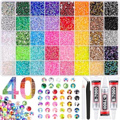 40000Pcs 40 Colors Jelly Rhinestones for Bedazzling, 3mm Multicolor Resin Flatback Gems for Diamond Art, Bedazzler Kit with 3Pcs 10ml B7000 Jewelry Glue for Crafting Book Shoes Nail Art