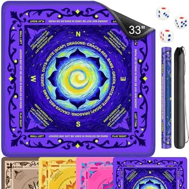EVERSHOW Neoprene Mahjong Mat for Table, 33x33 Inch Mahjong Mat with Rules, Non-Slip Noise Reduction Mah Jongg Mat with Carrying Bag and 3 Dice for Card, Poker, Board, Tile Games and Dominoes (Purple)