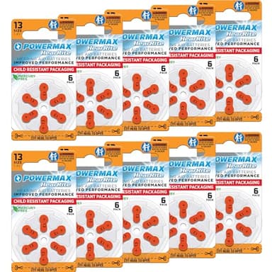 Powermax Size 13 Hearing Aid Batteries, 60 Count Long-Lasting Battery Pack, Orange Long Tab for Easy Change