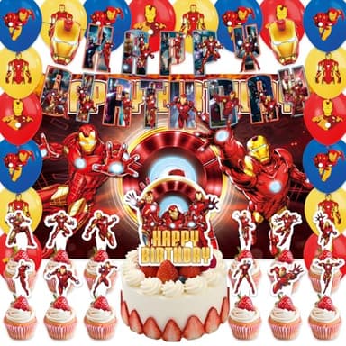 42pcs 𝗜𝗿𝗼𝗻 Hero Man Birthday Party Supplies Pack Includes，Banner，Cake Topper，Blackdrop,Balloons for 𝗜𝗿𝗼𝗻 Hero Man party supplies