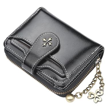 Small Wallet for Women Zip Bifold Vintage Wallet Goth Purse Mini Leather Cash Wallets with Zipper Coin Pocket (Black,Small)