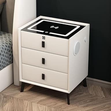 Hanmorfarbi Smart Nightstand with Wireless Charging & Fingerprint Lock, 3-Drawer Bluetooth Speaker Bedside Table with Adjustable LED Lights & USB Port, 110LBS Capacity,Beige White