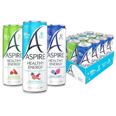 ASPIRE® The Fan Favorite Variety Pack, Healthy Energy Drink 80mg Natural Caffeine, Zero Sugar No Carbs Keto Friendly, 12 Pack Green Tea Sugar Free Drink Low Caffeine Zero Calorie