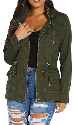 sexycherry Casual Army Green jacket for women Long Sleeve Hooded Outwear Coat With Zipper Button Pockets Drawstrings(Large)