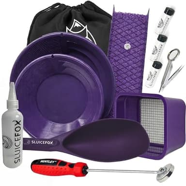 Sluice Fox All-in-One Gold Panning Kit with Portable Sluice – Featuring Miners Moss, Gold Trap Mat, Classifier, and Tote Backpack for Streamlined Gold Prospecting Purple