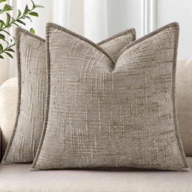 decorUhome Chenille Throw Pillow Covers 20x20 Set of 2, Thick Textured Slubby Neutral Decorative Pillow Covers with Elegant Design for Couch, Sofa, Living Room, Oatmeal
