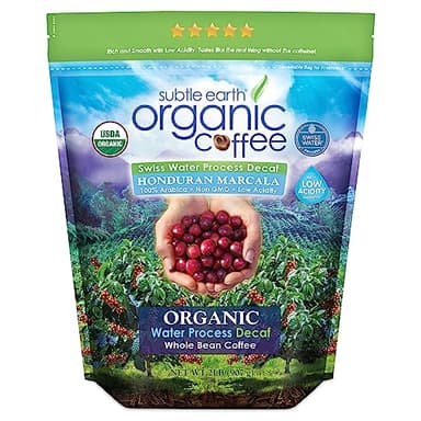 2LB Subtle Earth Organic Decaf - Swiss Water Process Decaf - Medium Dark Roast - Whole Bean Coffee - Low Acidity - Organic Certified by CCOF - 2 Pound Bag