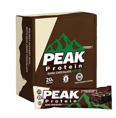 PEAK PROTEIN BARS - Dark Chocolate Mint - Natural - Grass-Fed Whey - 20G Protein - Non GMO - Gluten Free - Real Dark Chocolate (12 Pack)