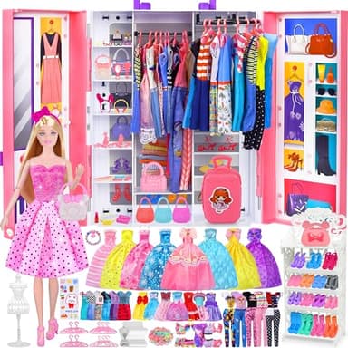 Doll Closet Playset with Doll, 342 Pcs Clothes and Accessories, Princess Dresses Top Pants Swimsuits Wardrobe Shoes Hangers and Other Accessories, Dress up Toys for Girls Toddlers Gift Toys