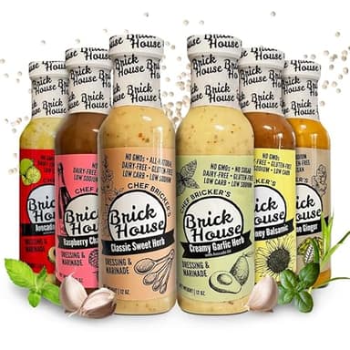 Brick House 6-Flavor Low Sodium Salad Dressing Bundle - Creamy Garlic, Classic Sweet Herb, Raspberry Champagne, Avocado Lime, Sesame Ginger & Sunny Honey Balsamic Vinaigrette Dressing, Gluten-Free