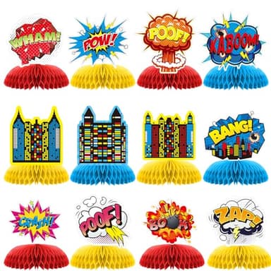 12 PCS Hero Party Decorations, Hero Theme Happy Birthday Decorations, Fun Action Honeycomb Centerpieces Decor Table for Party Supplies for Women Men Boys Girls