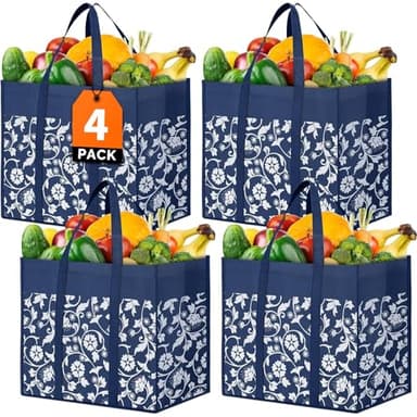 WOWBOX Reusable Grocery Bags Foldable Tote Bags Bulk with Reinforced Handles Shopping Bags for Groceries Heavy Duty Kitchen Reusable Grocery Bags with Waterproof Coating 4-Pack, Blue