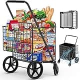 450lbs Capacity Shopping Cart,Upgrade Huge Grocery Cart on Wheels,Heavy Duty Foldable Utility Shopping Carts with Double Basket and 360° Rolling Swivel Wheels for Groceries Laundry Transport 1