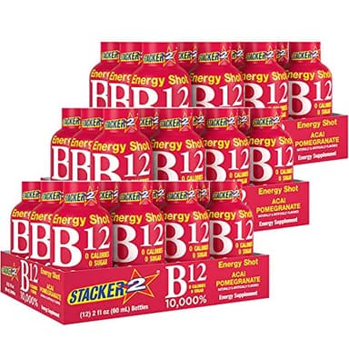 Stacker 2 Vitamin B Complex B12 B6 B3 Liquid Energy Shots - Acai & Pomegranate - Cyanocobalamin, 10,000% DRV - B-6 Pyridoxine 40mg - B3 Niacinamide (Niacin) 20mg - BASED BOX Bundle (2oz, Pack of 36)