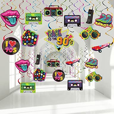 Censen 30 Pcs 90s Party Decorations 90s Party Hanging Swirls Decorations Hip Hop Retro Rock Hippie Ceiling Decor 1990s Vintage Birthday Favors Supplies for Home Ceiling Decor Birthday Supplies