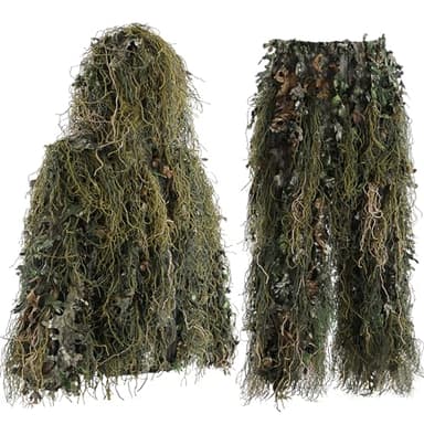 EAmber Ghillie Suit Gilly Hunting Suits Pants 3D Leaf Camo Camouflage Coveralls Youth Adult Lightweight Clothes for (Green Leafy Forest, Height 5.9-6.3 Ft)