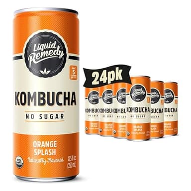 Liquid Remedy Kombucha Sugar Free Organic Drink, Low Calorie, Probiotic Like Tea for Gut Health - Orange Splash - 8.5 Fl Oz Can, 24-Pack