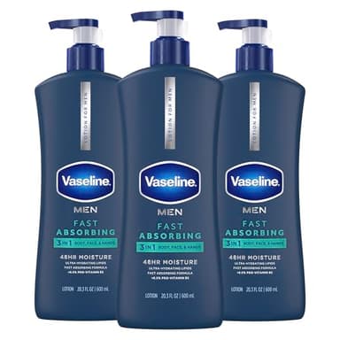 Vaseline Men's Healing Moisture Hand & Body Lotion For Dry or Cracked Skin Fast Absorbing Non-Greasy Lotion for Men 20.3 oz, Pack of 3