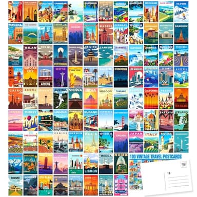 LCLAIDYDY 100 Vintage Travel Postcard Set,World Famous Country City Illustrations Mailing Postcards,Travel Decor Posters Prints Post Cards for Travelers 4x6