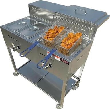 Deep Fryer Cart | 3 Gallon Single Tank | 2 Frying Baskets | 2 Pan Steam Table | Portable 4 Wheel | Stainless Steel | Frying Thermometer | Outdoor Propane Fryer for Chicken, Fish, & More