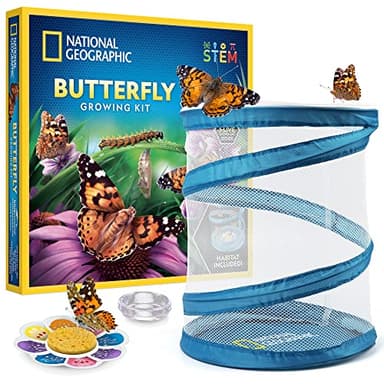 National Geographic Butterfly Growing Kit - Butterfly Habitat Kit with Voucher to Redeem 5 Caterpillars (S&H Not Included), Butterfly Cage, Feeder, Easter Basket Gifts for Kids