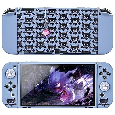 DLseego Dockable Case Design for Switch OLED, Anti-Slip Shock-Absorption Protective Soft Carrying Case and Joy Con Controller with 1 PCS Elf Ball Pendant and 2 Thumb Grip Caps-Gray Animal Monster