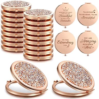 Roowest 16 Pack Metal Rhinestone Compact Mirror Bulk for Women Inspirational Rose Gold Magnifying Pocket Mirrors for Purses Wedding Bridal Shower Mother's Day Favors