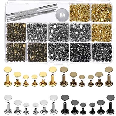 Selizo 480 Sets Small Double Cap Leather Rivets 4 Colors 3 Sizes (Cap Diameter: 6mm/8mm/8mm) Tubular Metal Studs with 3 Pieces Setting Tool Kit for Leather Craft Repairs Decoration