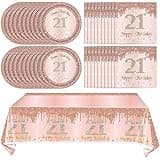 41Pcs 21st Birthday Decorations for Girls Her, Rose Gold Birthday Party Supplies Include 20Pcs Plates 20Pcs Napkins and 1Piece Tablecloth, Rose Gold Sweet 21 Birthday Party Tableware for 20 Guests