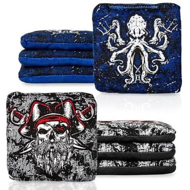 Play Platoon Tournament Series Cornhole Bags - Pro Style Dual Sided Slick and Sticky Side Bags - Set of 8 - Designed in USA - 4 Gray Pirates & 4 Blue Krakens - Designed in U.S.A