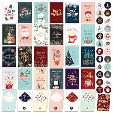 Decorably 24 Pack Foiled & Glittery 6x4in Assorted Box Christmas Cards with Envelopes and Stickers, 24 Festive Designs Christmas Card Set with Printed Message Inside
