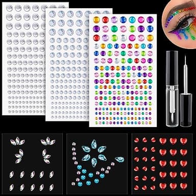 6 Sheets Face Gem Stickers Set 1, Rainbow Mixed Shape Crystal Self-Adhesive Rhinestones Jewels Stick on, With Makeup Glue for Eyes, Hair, Nails, Body, Crafts and Decorations