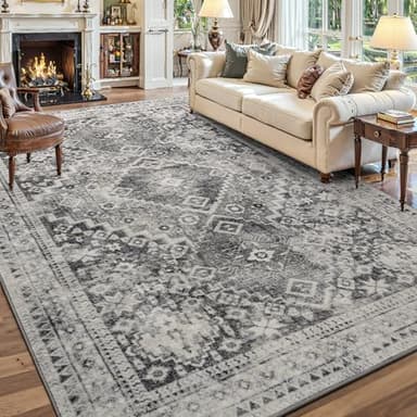 YOH Boho Washable Rug 6x9, Taupe Gray Vintage Non Slip Area Rug, Distressed Indoor Carpet for Living Room Bedroom Kitchen Office