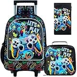 KLFVB Rolling Backpack for Boys, 3PCS Kids Roller Bookbag with Lunch Bag, Wheeled School Bag for Children - Game Console