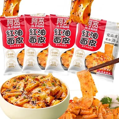 Asian Red Oil Spicy Noodle, Sichuan Chili Oil Wide Noodles, Chinese chewy Instant Ramen Noodles, Non-fried flat noodles snacks 红油面皮 (Pack of 4)