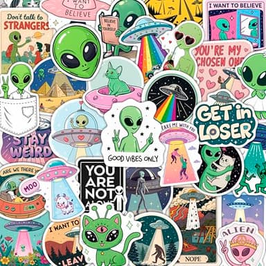 100Pcs UFO Stickers for Water Bottle, Laptop – Alien Stickers and Decals – UFO Gifts - Alien Party Supplies & Decorations - Gifts for Men & Women