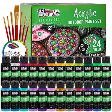 U.S. Art Supply Professional 24 Color Outdoor Acrylic Paint Set, 2oz Bottles, with 7 Brush Kit - Vivid Colors for Painting Canvas, Rocks, Wood Crafts, Toys