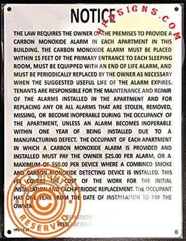 HPD Carbon Monoxide Alarm Notice For Inspection (Aluminium, Rust Free, Size 8.5X11 Inch, Commercial Use, Install In Lobby,White,W)