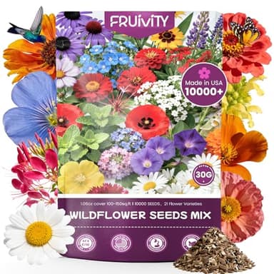 Fruivity Wildflower Seeds Bulk 10000+, 1.06oz Butterfly Hummingbird Mix, 21 Variety Perennial Annual Mix, Non-GMO Heirloom Flower Seeds for Planting Outdoor Indoor, High Germination Rate Garden Seeds