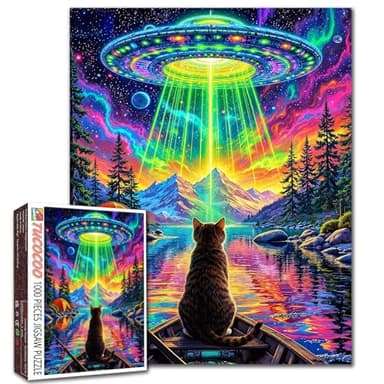 1000 Piece Jigsaw Puzzles for Adults Cute Cat in Boat Painting Jigsaw Puzzle Alien Spaceship,UFO 1000 Pieces Puzzles The Rocky Mountain DIY Craft Puzzle Cultural Family challenging Gift Bedroom Decor
