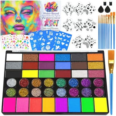 Professional Face Painting Kit – 42 Color Water Activated Facepaint Makeup Kit, Non-Toxic face Paint with Stencils, Gems, Brushes– for Halloween, Parties, Carnival, Festivals & Creative Events