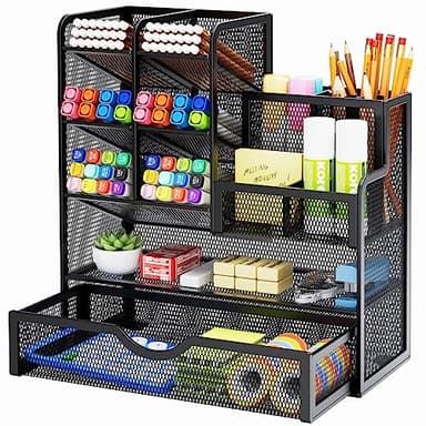 Marbrasse Mesh Pen Holder for Desk, Multi-Functional Pencil Organizer with Drawer, Desk Organizers and Accessories for Office Art Supplies (Black)