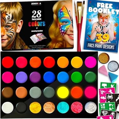 Zenovika Face Painting Kit for Kids - 28 Colors Professional Face Paint Kit, Non-Toxic and Hypoallergenic, Stencils, Book, Halloween Makeup Kit - Safe and Easy to Use Face Paint Kit for Kids
