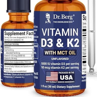 Dr. Berg Maximum Strength Vitamin D3 K2 Liquid Drops with MCT Oil – 5,000 IU Liquid Vitamin D3 with K2 – Supports Strong Bones, Heart, Energy, Immunity, and Overall Vitality* - Unflavored 1 Fl Oz