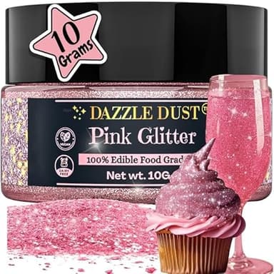 Dazzle Dust Edible Glitter Sprinkles for Cake Decorating, Drinks, Cookie, Icing, Dessert Decorations, Sparkly Luster, Food-Grade, Vegan, Gluten Free, Kosher, Bulk 10g, Pink