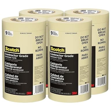 3M Scotch Contractor Grade Masking Tape – 0.94" x 60 yds – Tan – 4 Contractor Packs of 9 Rolls Each – Durable Vinyl Tape for Versatile Indoor and Outdoor Use
