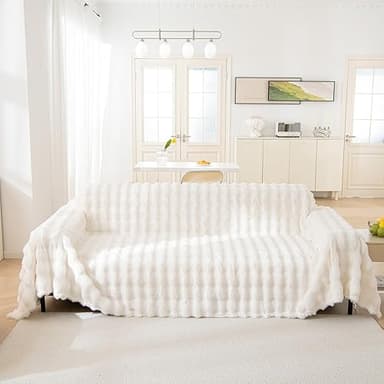 AMWAN Cozy Faux Fur Couch Cover Large Fuzzy Blanket for Sofabed,Loveseat Thick Cozy Shaggy Sofa Slipcover for Sectional,L Shaped Sofa Pets Multifunctional Throws Living Room Decor,Cloud White,71x134’’