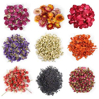 9 Bags Dried Flowers,100% Natural Dried Flowers Herbs Kit for Soap Making, DIY Candle Making,Bath - Include Rose Petals,Lavender,Don't Forget Me,Lilium,Jasmine,Rosebudsand More