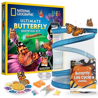 National Geographic Ultimate Butterfly Growing Kit – Butterfly Habitat Kit with Voucher to Redeem 5 Caterpillars (S&H Not Included), Glow-in-The-Dark Figures, Hands-On Activity, Outdoor Toys