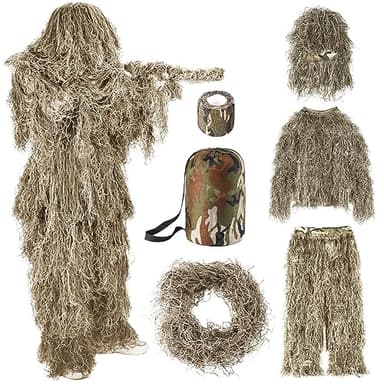 SOROVEE Ghillie Suit, 5 in 1 Ghillie Suit for Men Including Jacket, Pants, Hood, Carry Bag and Camo Tapes, 3D Camouflage Apparel, Bush Costume Suitable for Adults/Youth/Kids